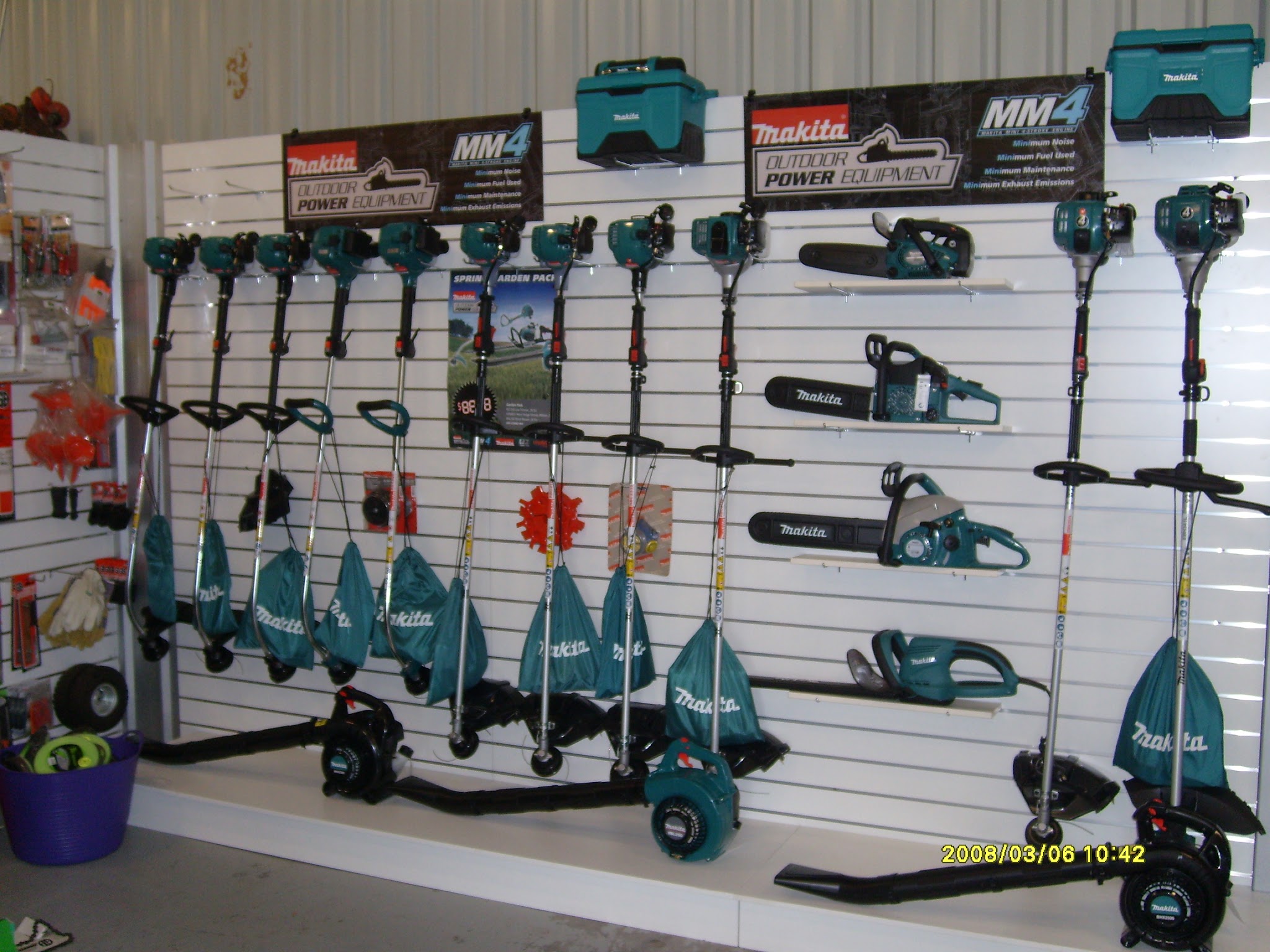 Makita outdoor power equipment on display at COPES: line trimmers, brushcutters, chainsaws and blowers