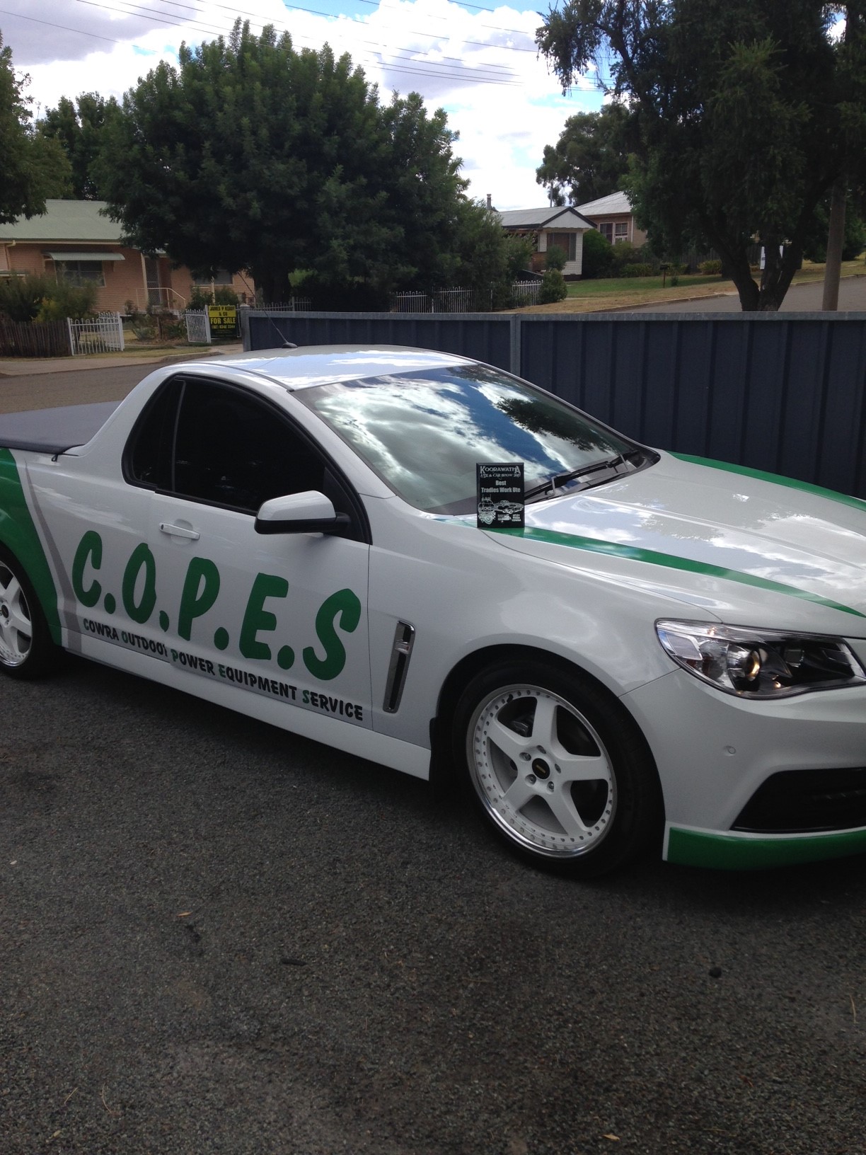 The COPES ute, painted with the C.O.P.E.S wordmark and Cowra Outdoor Power Equipment Service