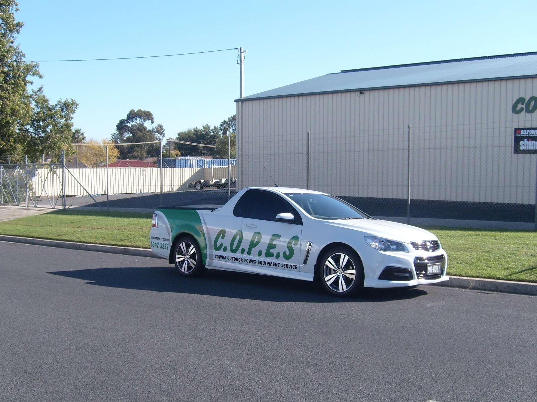 The COPES ute parked outside the workshop shed in Cowra